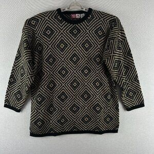 VINTAGE SHERIDAN SQUARE WOMEN'S SWEATER GEOMETRIC KNIT PATTERN BLACK & COLD 1X